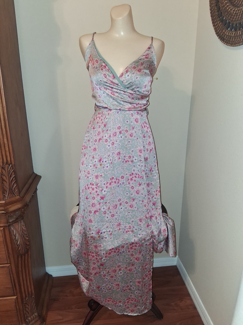 Monteau Silky Pink Floral Wrap Maxi Dress with Spaghetti Straps